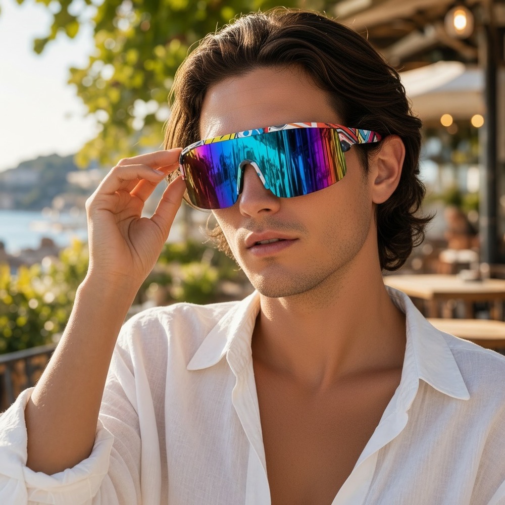 Piranha Graffiti Shield Sunglasses Rainbow Mirror Y2K Sport Wrap Rave Unisex